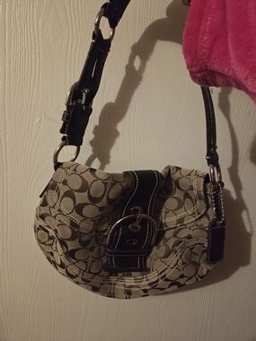 Coach Soho Beige Signature Canvas Shoulder Bag with Brown Trim